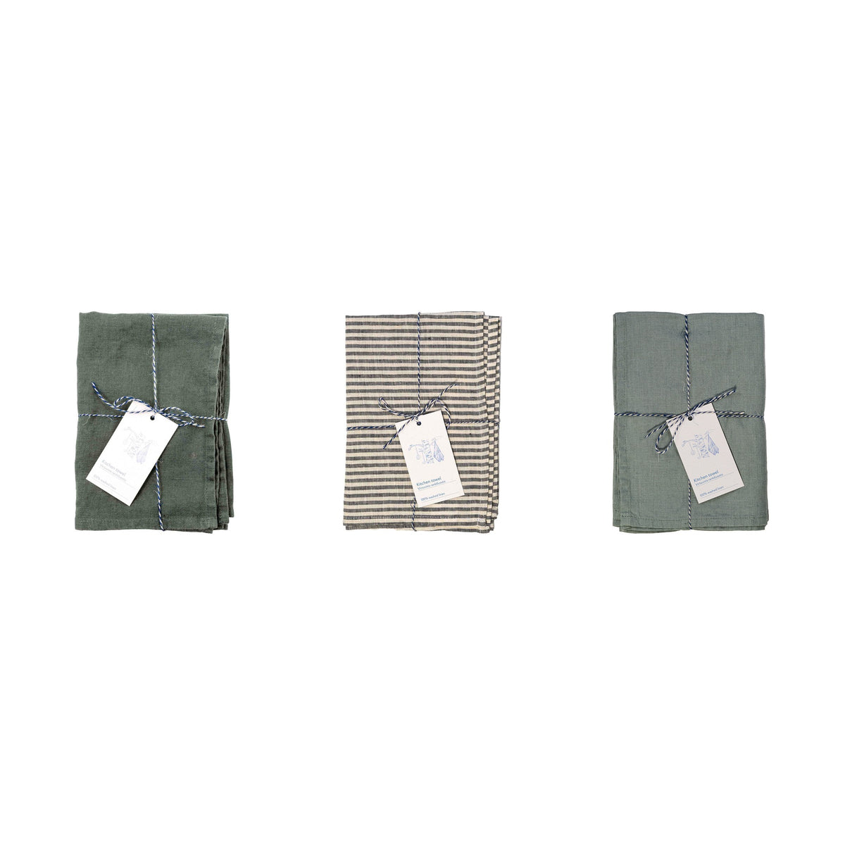 Leinen Geschirrtücher 3er-Set Bistro – Forest Green, Thin Black Stripes, Green Milieu